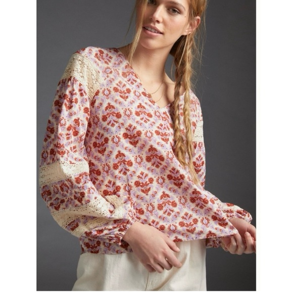 🎉NWT Anthropologie x Eze Sur Mer Yvonne Lace Blouse sz XL red size - Picture 1 of 12